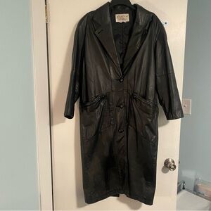 Vintage Brandon Thomas Black Trench Coat 100% Leather Jacket Business Goth Grung